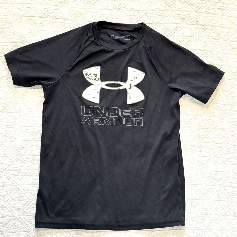 UNDER ARMOUR UA Tech Hybrid Print Boys Short Sleeve Shirt - Black - Youth M